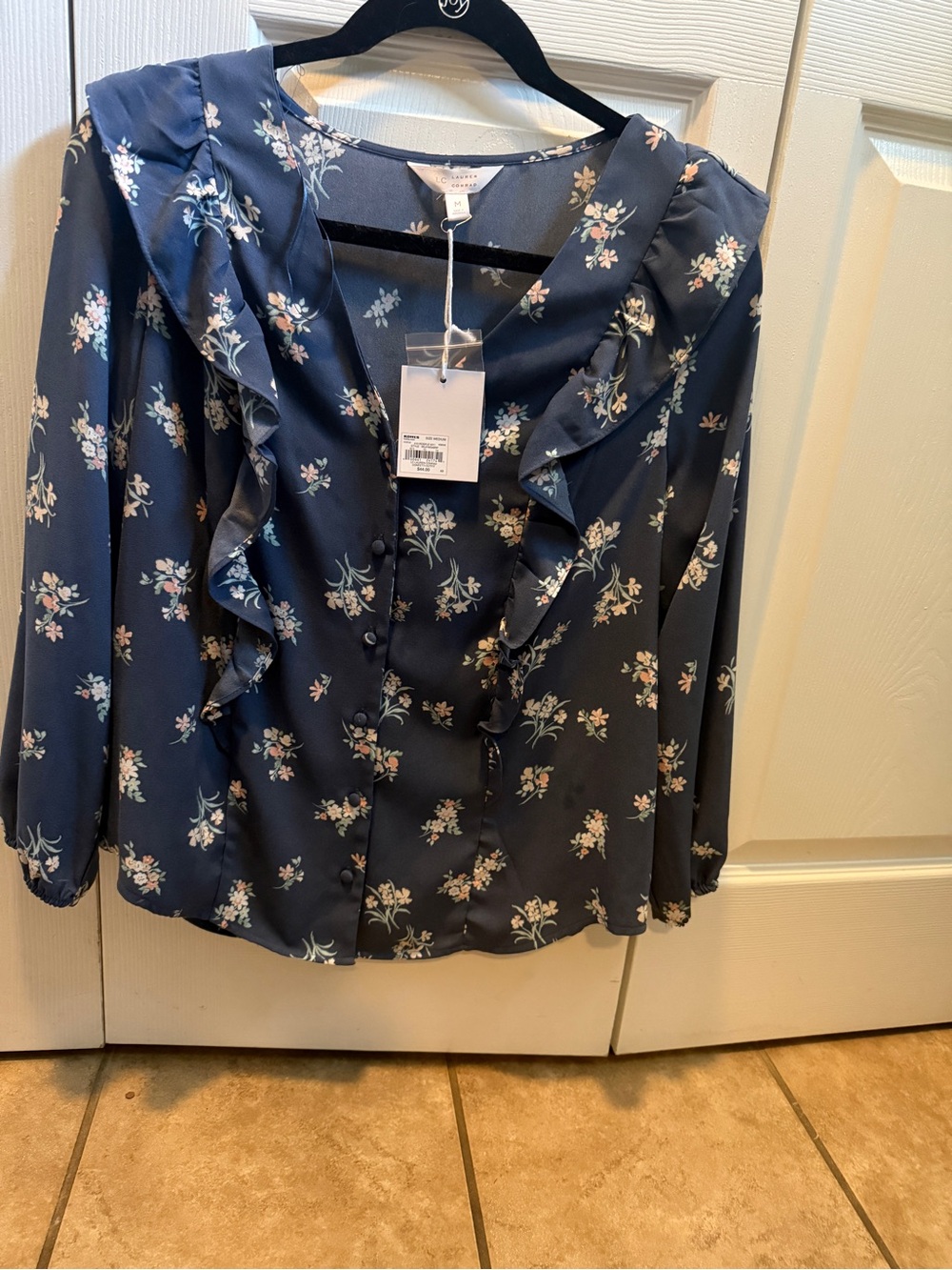 LC Lauren Conrad Navy Floral Ruffle-Trim Blouse NWT - M